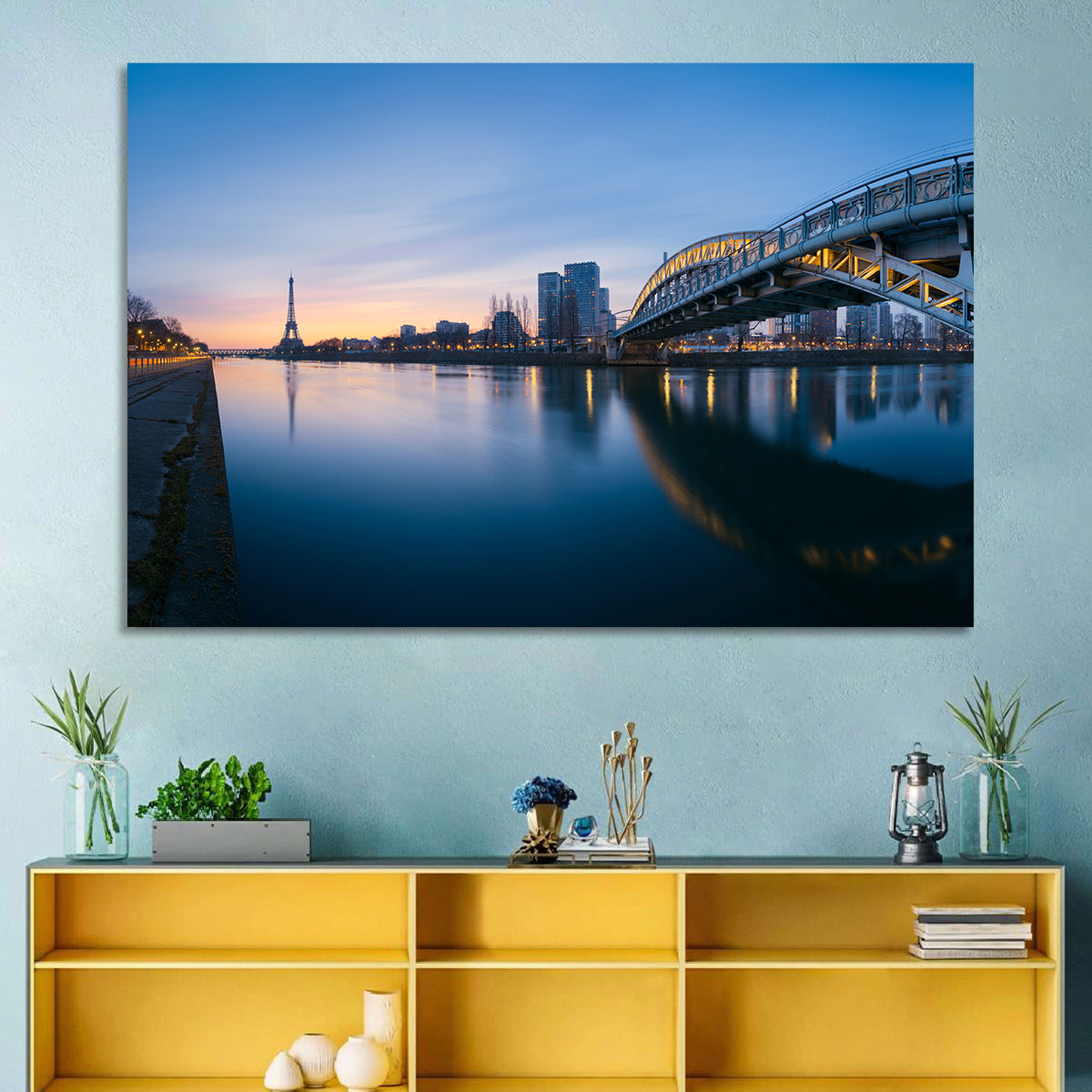 Eiffel Tower Golden Hour Reflection Wall Art in a room, landscape