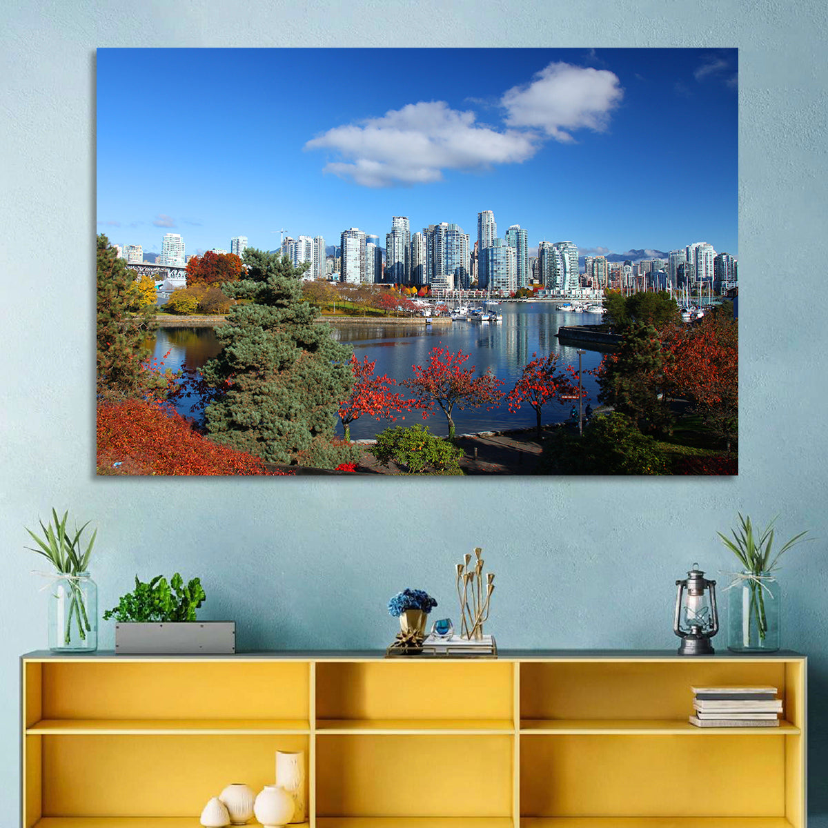 Vancouver Autumn Skyline Wall Art in a room, landscape