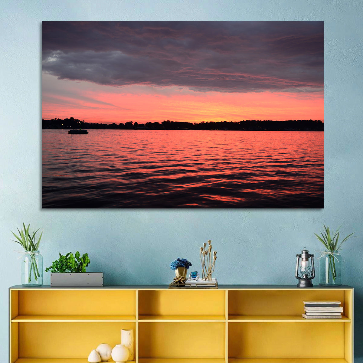 Lake James Sunset with Boat Wall Art in a room, landscape