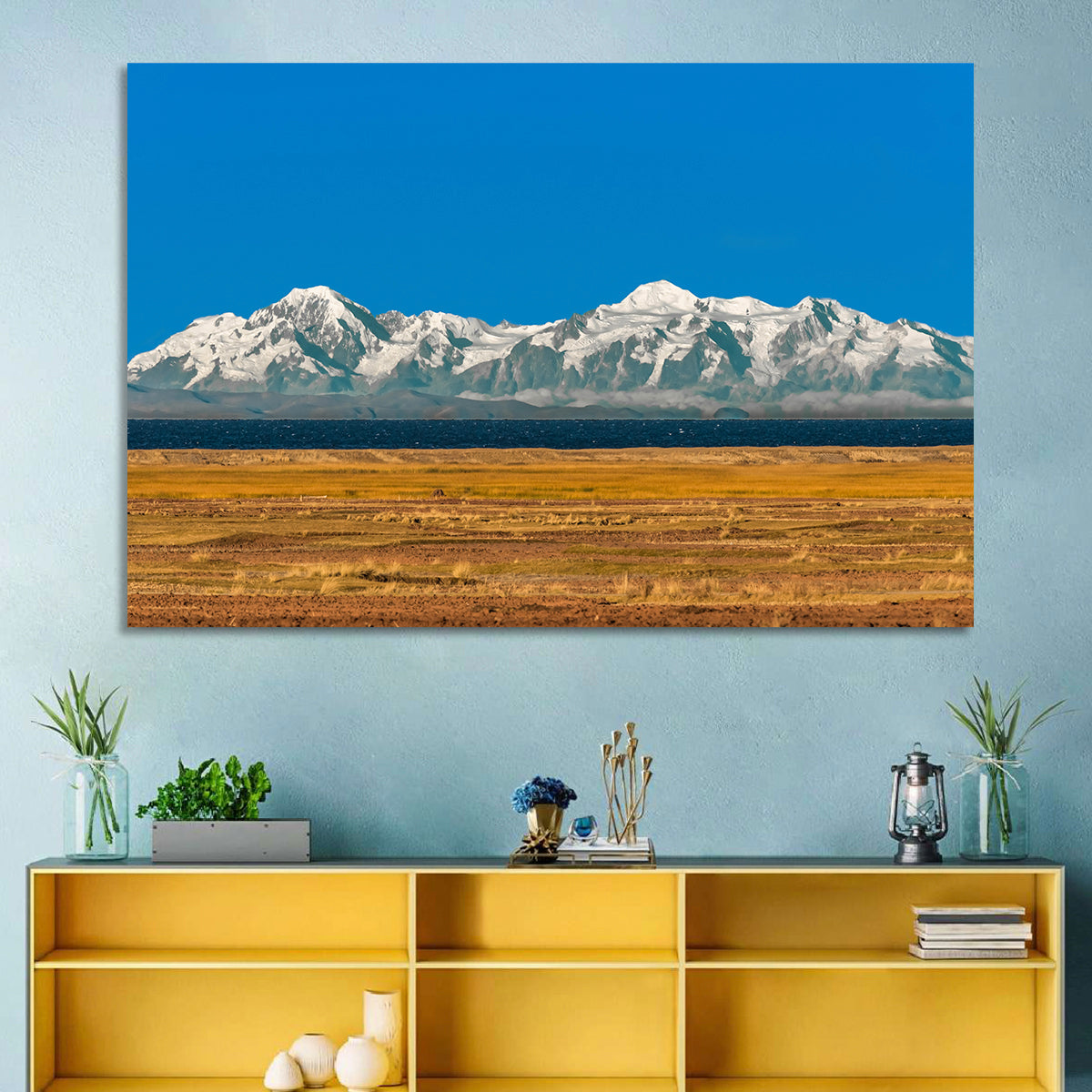 Snow-capped Peaks Over Lake Titicaca Wall Art in a room, landscape