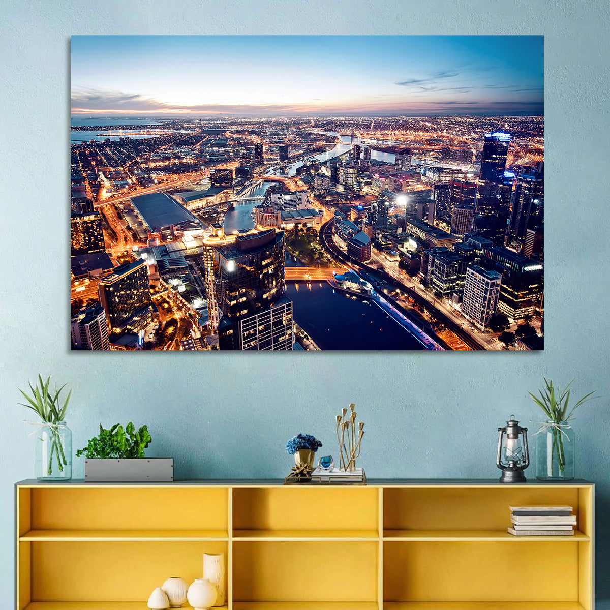 Melbourne Twilight Skyline Wall Art in a room, landscape