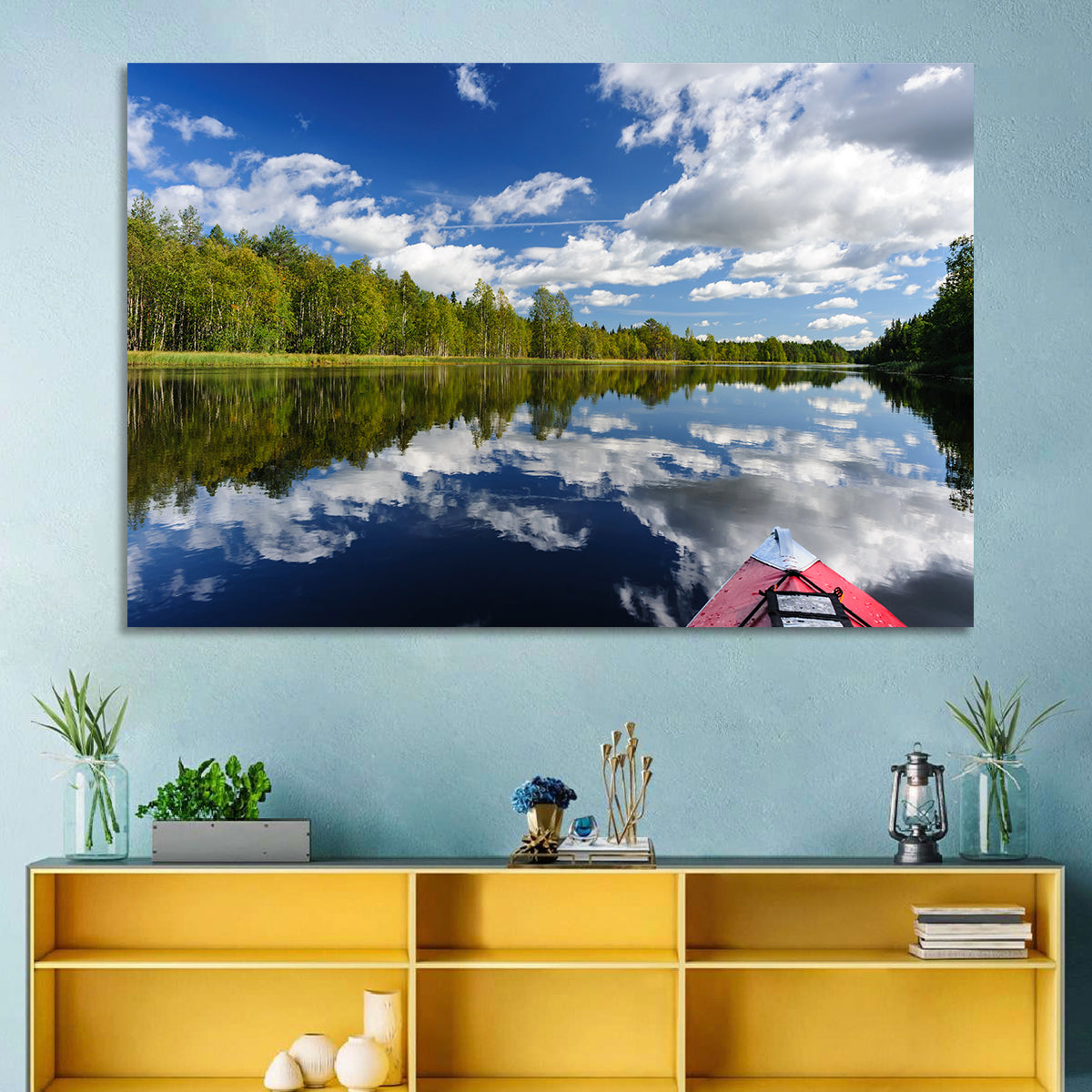 Karelia Kayak Reflection Wall Art in a room, landscape