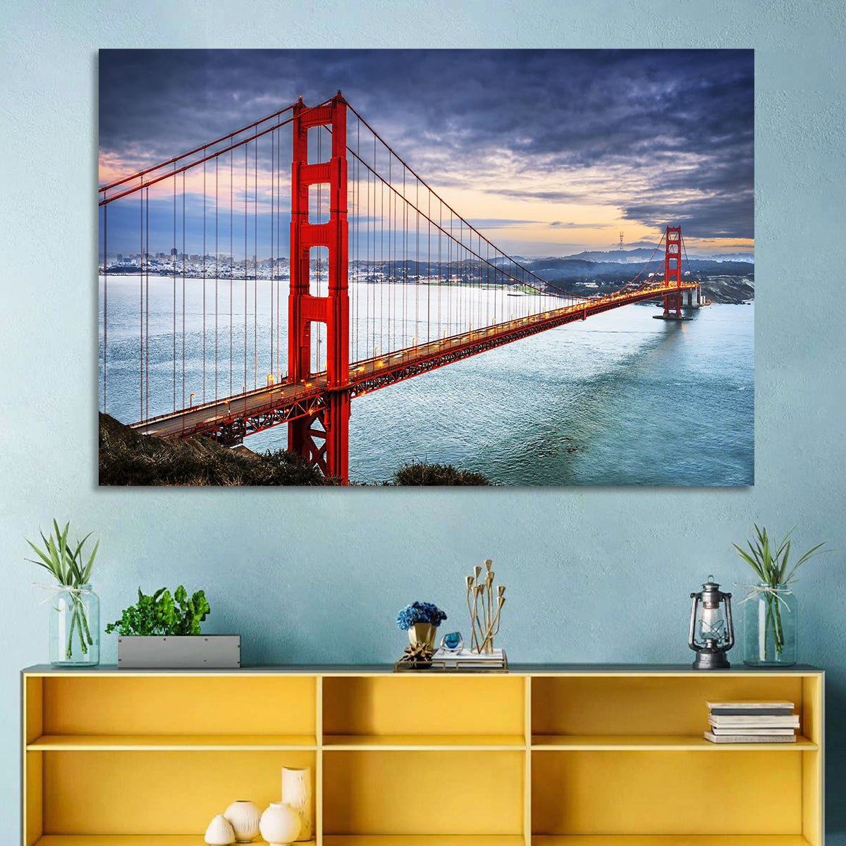 Golden Gate Bridge at Dusk Wall Art in a room, landscape