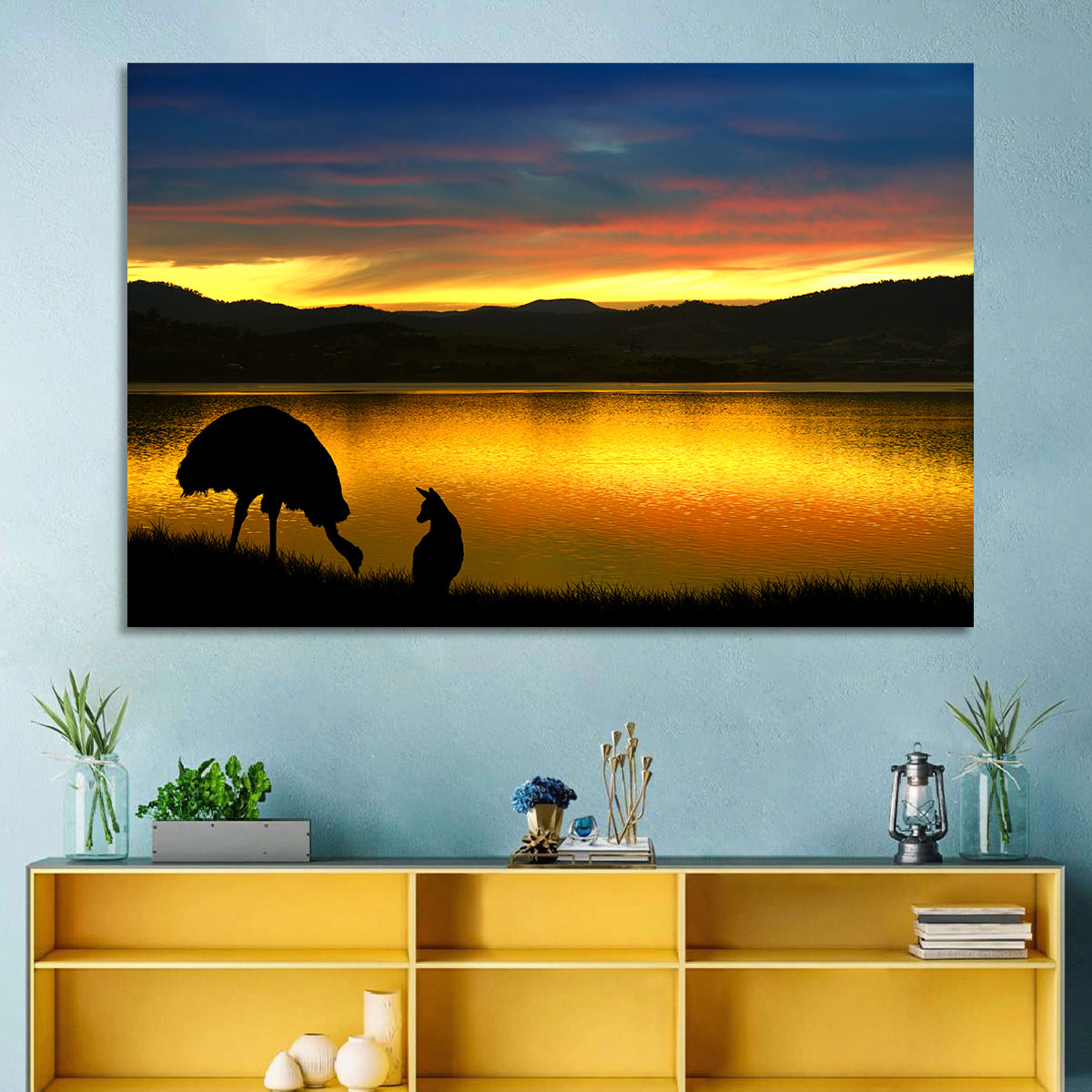 Kangaroo and Emu at Lake Sunset Wall Art in a room, landscape