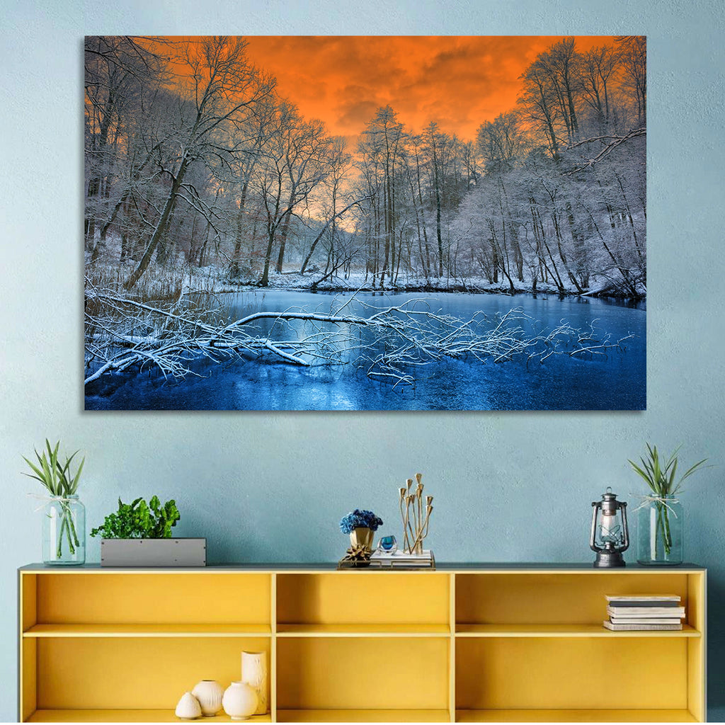Sunset Over Winter Forest Lake Wall Art