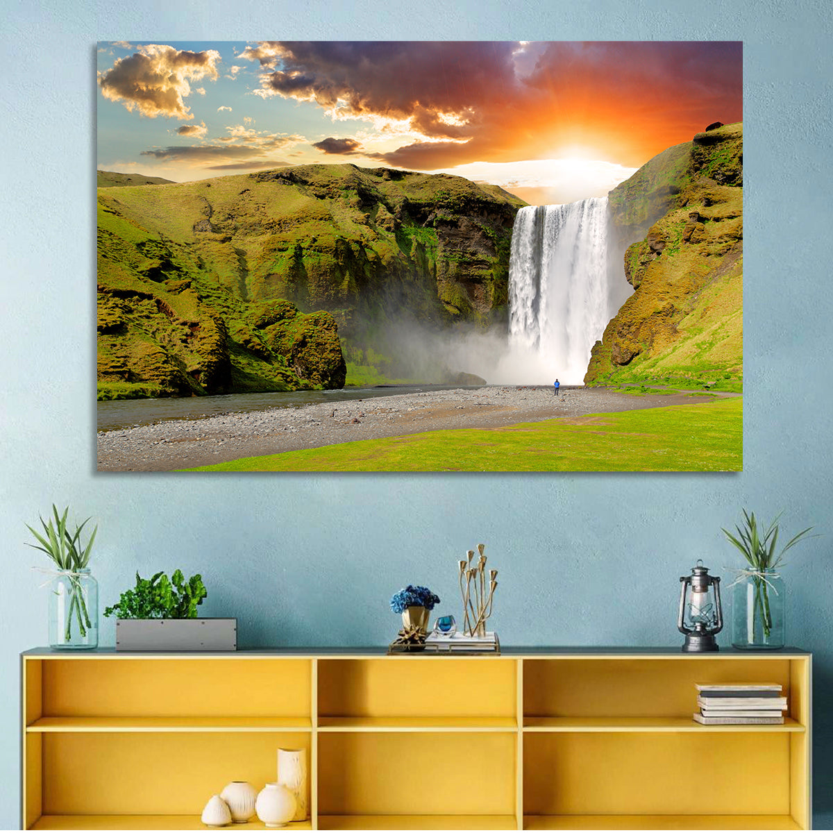 Skógafoss at Sunset Wall Art in a room, landscape
