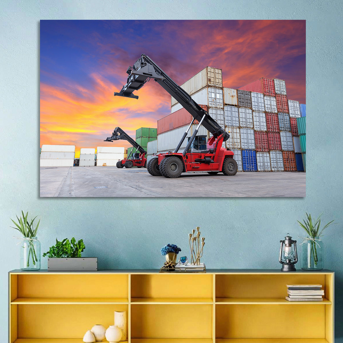 Red Reach Stackers at Sunset Wall Art