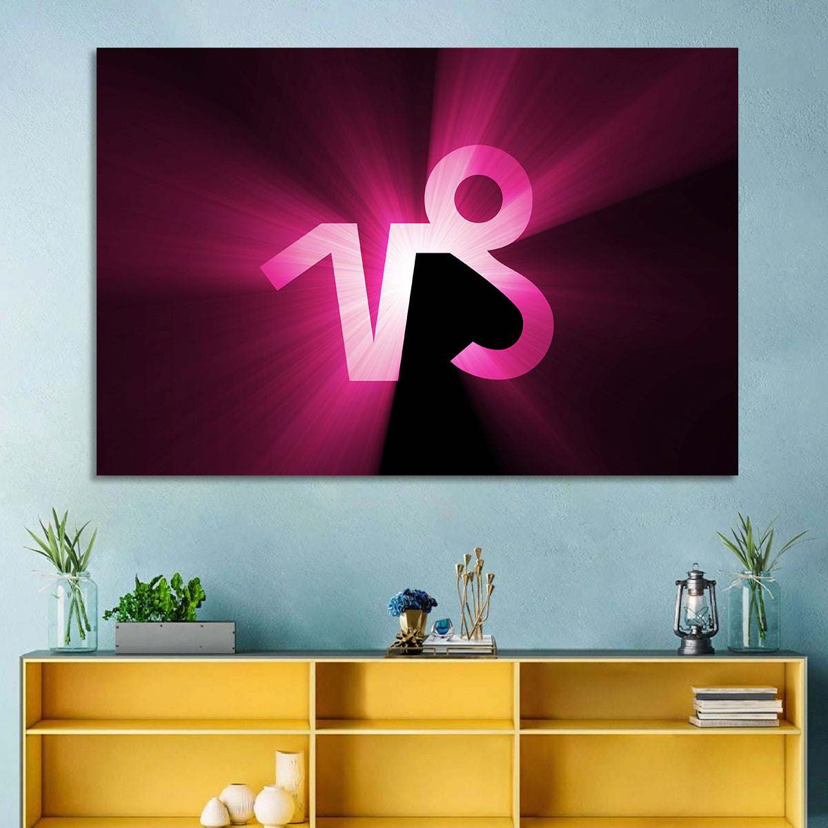 Glowing Capricorn Symbol Wall Art in a room, landscape