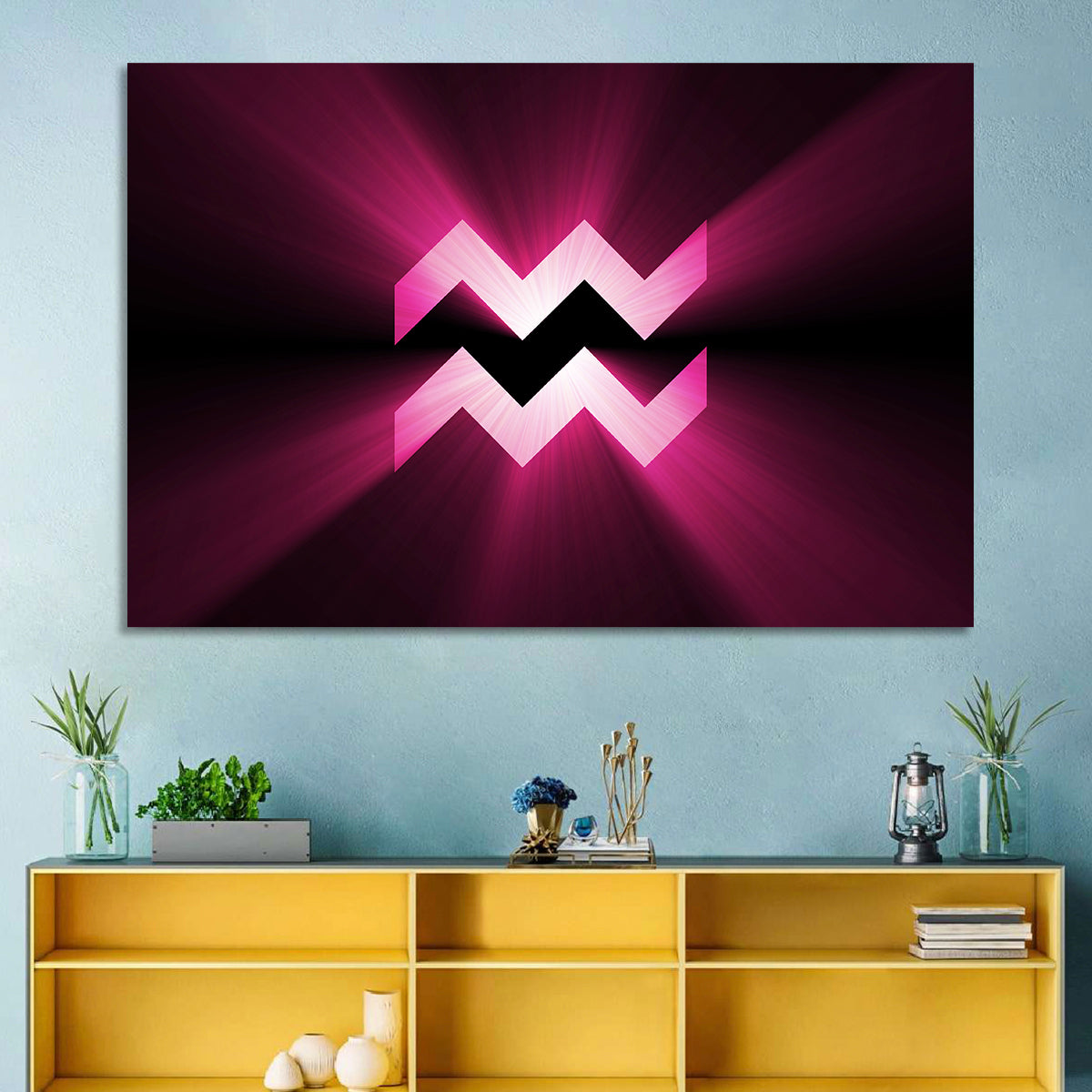 Magenta Aquarius Symbol Wall Art in a room, landscape