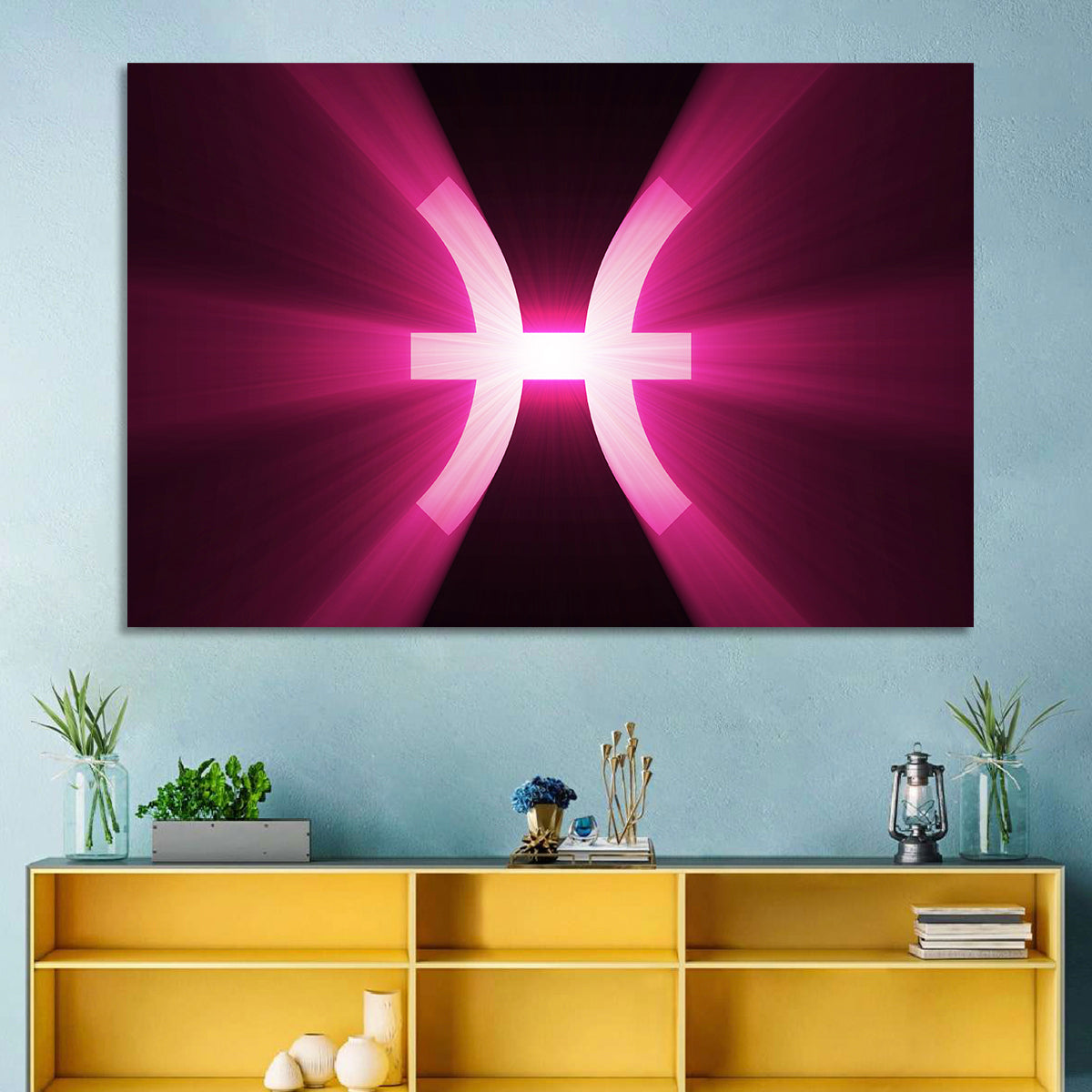 Magenta Pisces Symbol Wall Art in a room, landscape