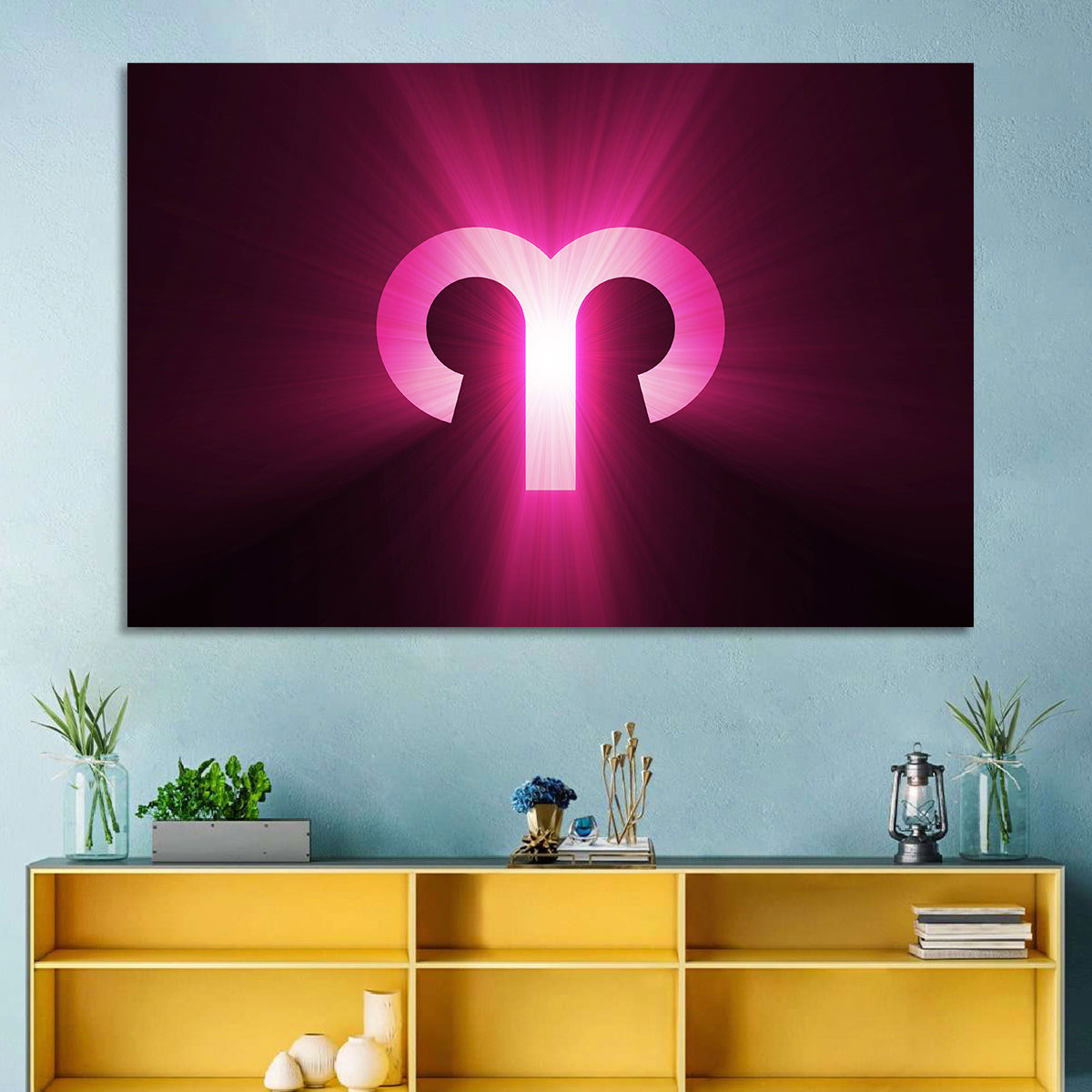 Radiant Aries Zodiac Emblem Wall Art in a room, landscape
