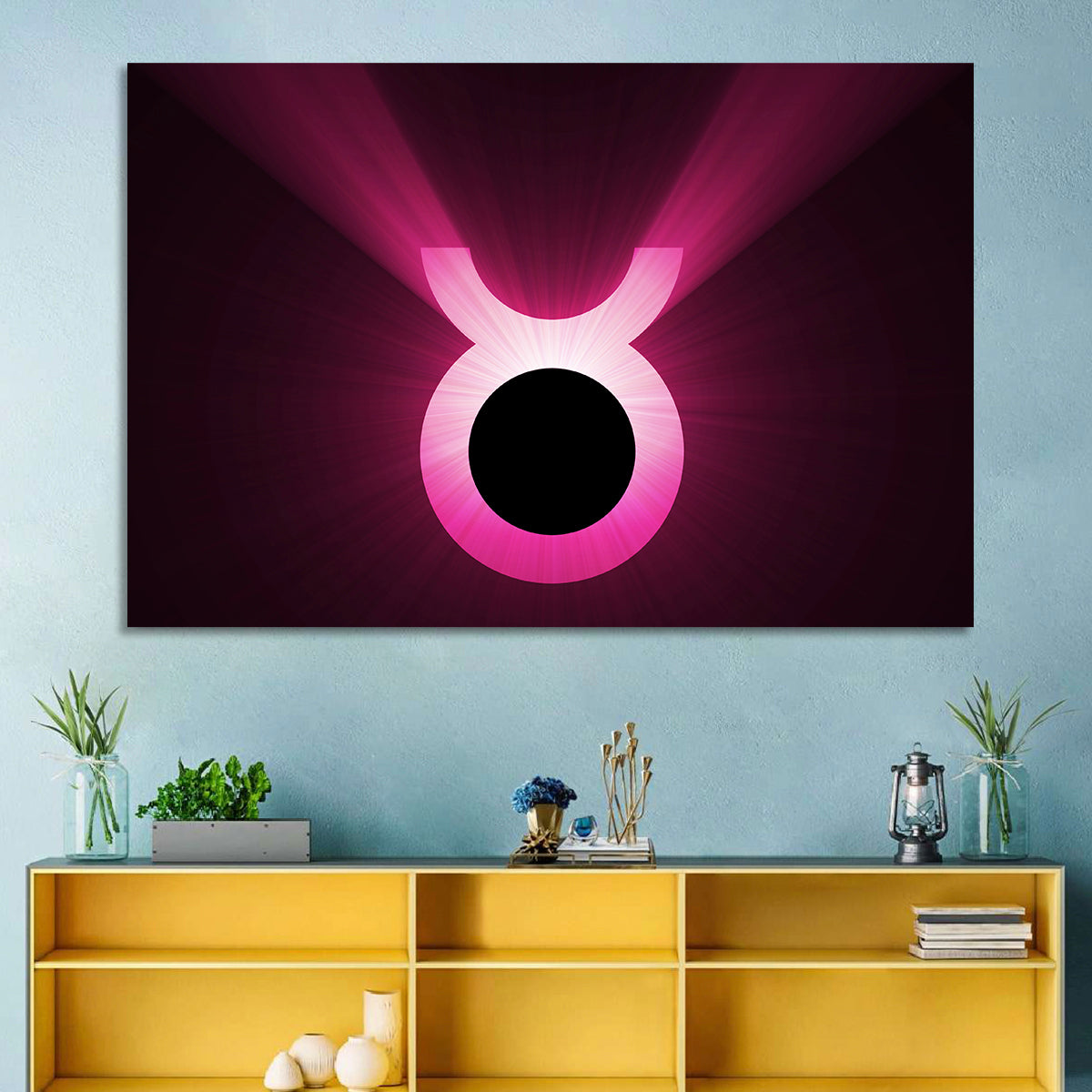 Glowing Pink Taurus Symbol Wall Art in a room, landscape