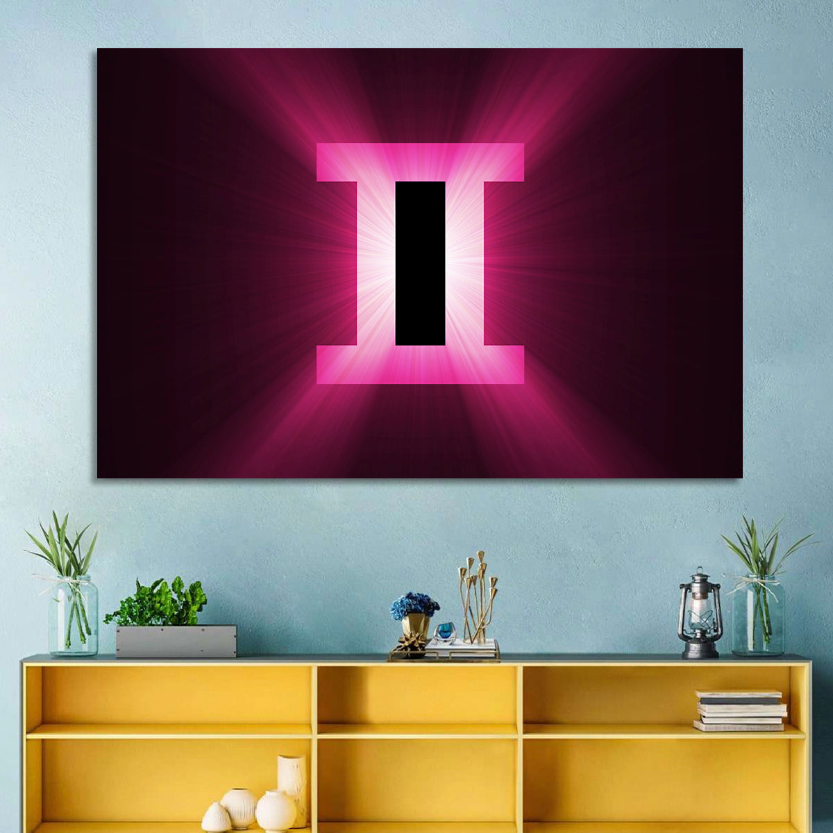 Radiant Gemini Symbol Wall Art in a room, landscape