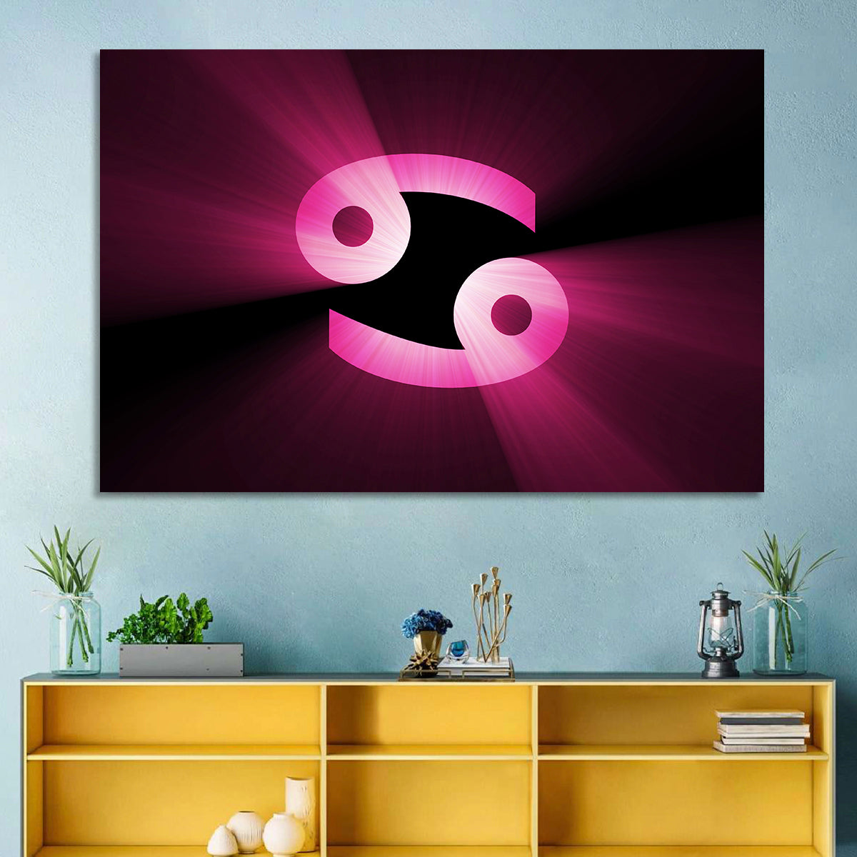 Glowing Pink Cancer Symbol Wall Art in a room, landscape