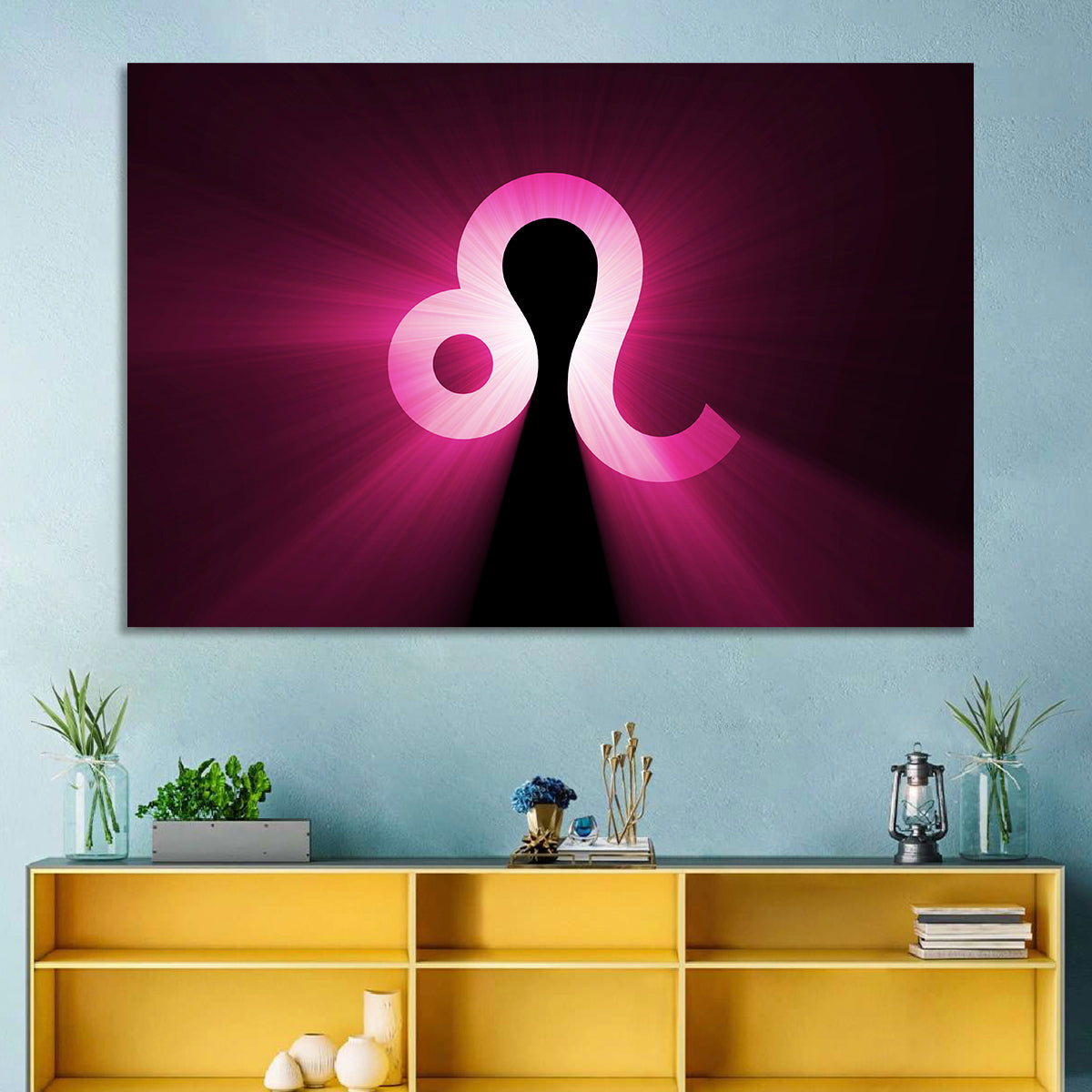 Glowing Magenta Leo Symbol Wall Art in a room, landscape