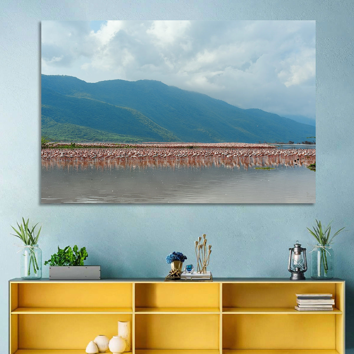 Flock of Flamingos at Lake Bogoria Wall Art in a room, landscape