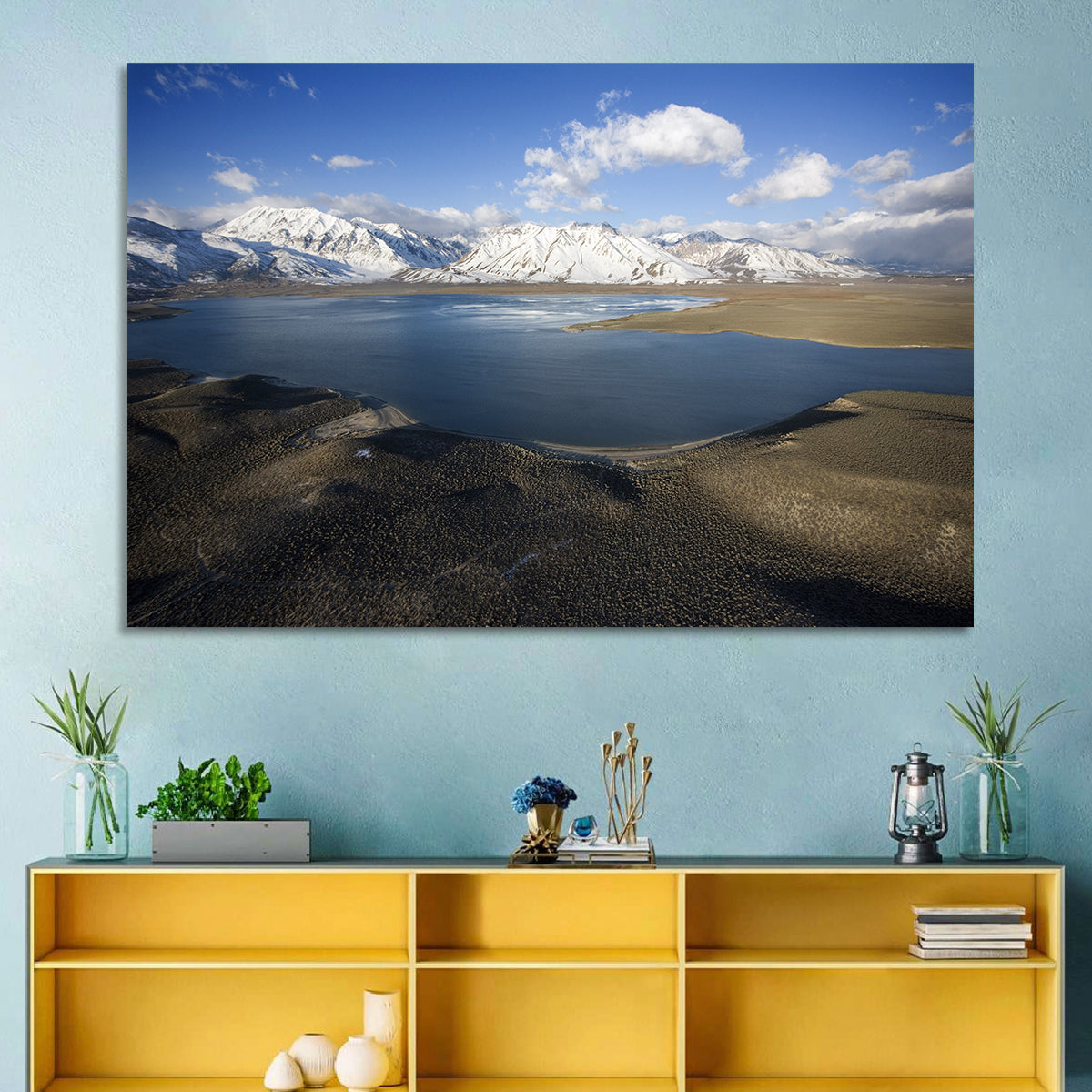 Lake Crowley Aerial View Wall Art in a room, landscape