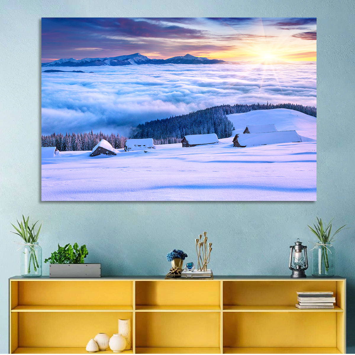 Snowy Cabins Above Clouds Wall Art in a room, landscape