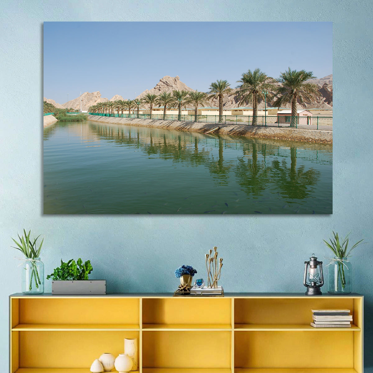 Palm Lake Reflections Wall Art in a room, landscape
