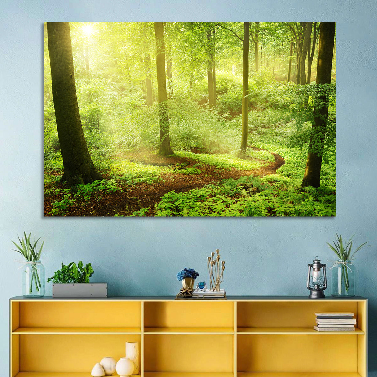 Sunlit Forest Path Wall Art in a room, landscape