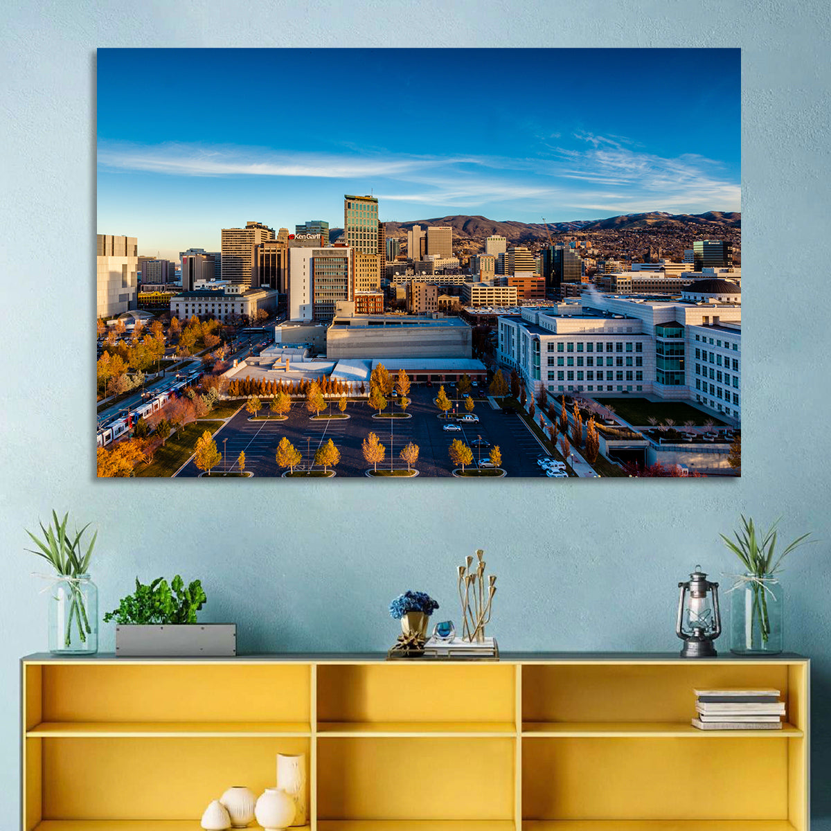 Salt Lake City Skyline at Golden Hour Wall Art in a room, landscape