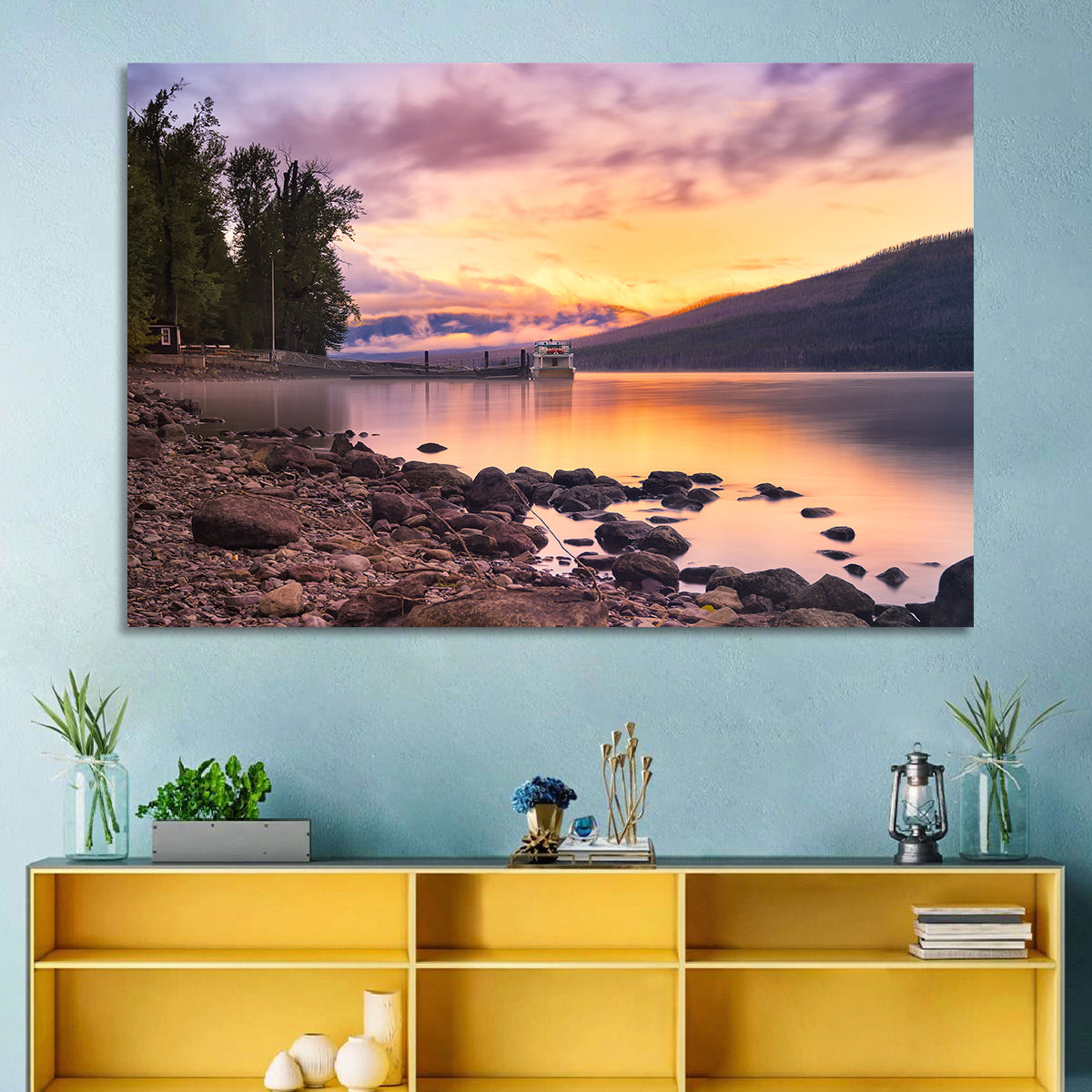 Lake Mcdonald Sunset Reflection Wall Art in a room, landscape