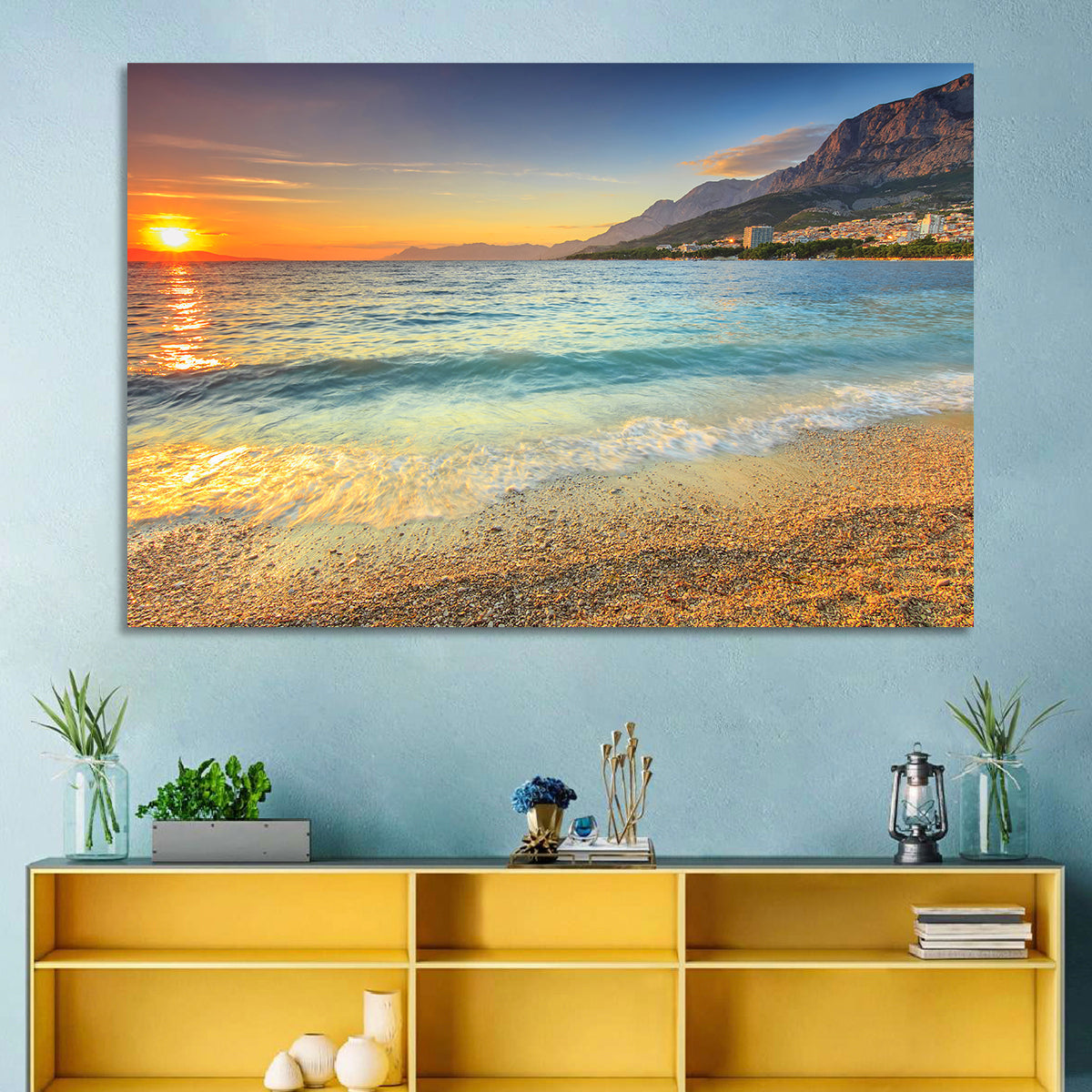 Makarska Pebble Beach Sunset Wall Art in a room, landscape