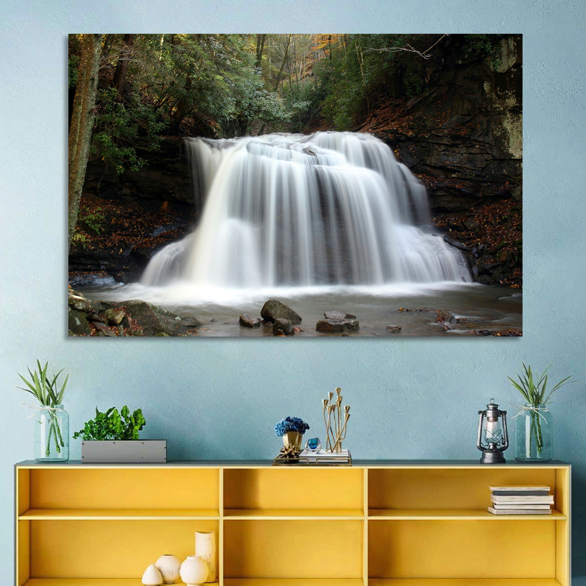 Holly River Autumn Waterfall Wall Art in a room, landscape