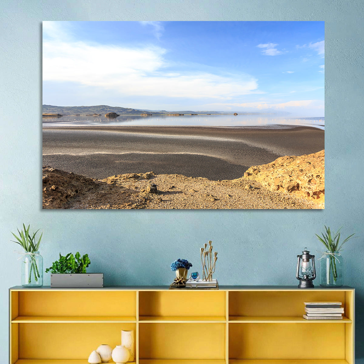 Lake Natron Flamingos Wall Art in a room, landscape