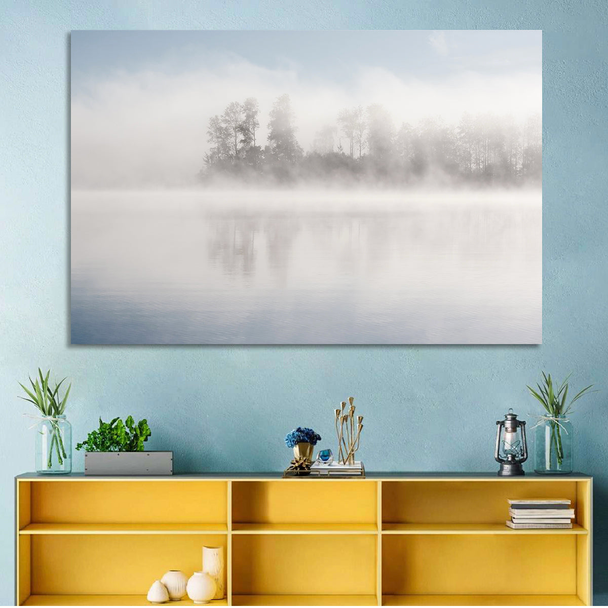 Misty Forest Lake Wall Art in a room, landscape