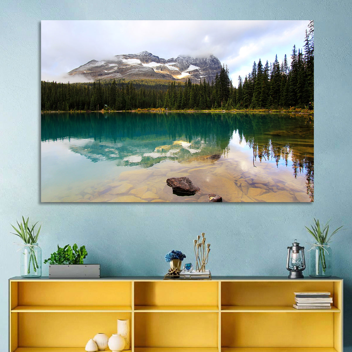 Lake O Hara Mountain Reflection Wall Art in a room, landscape