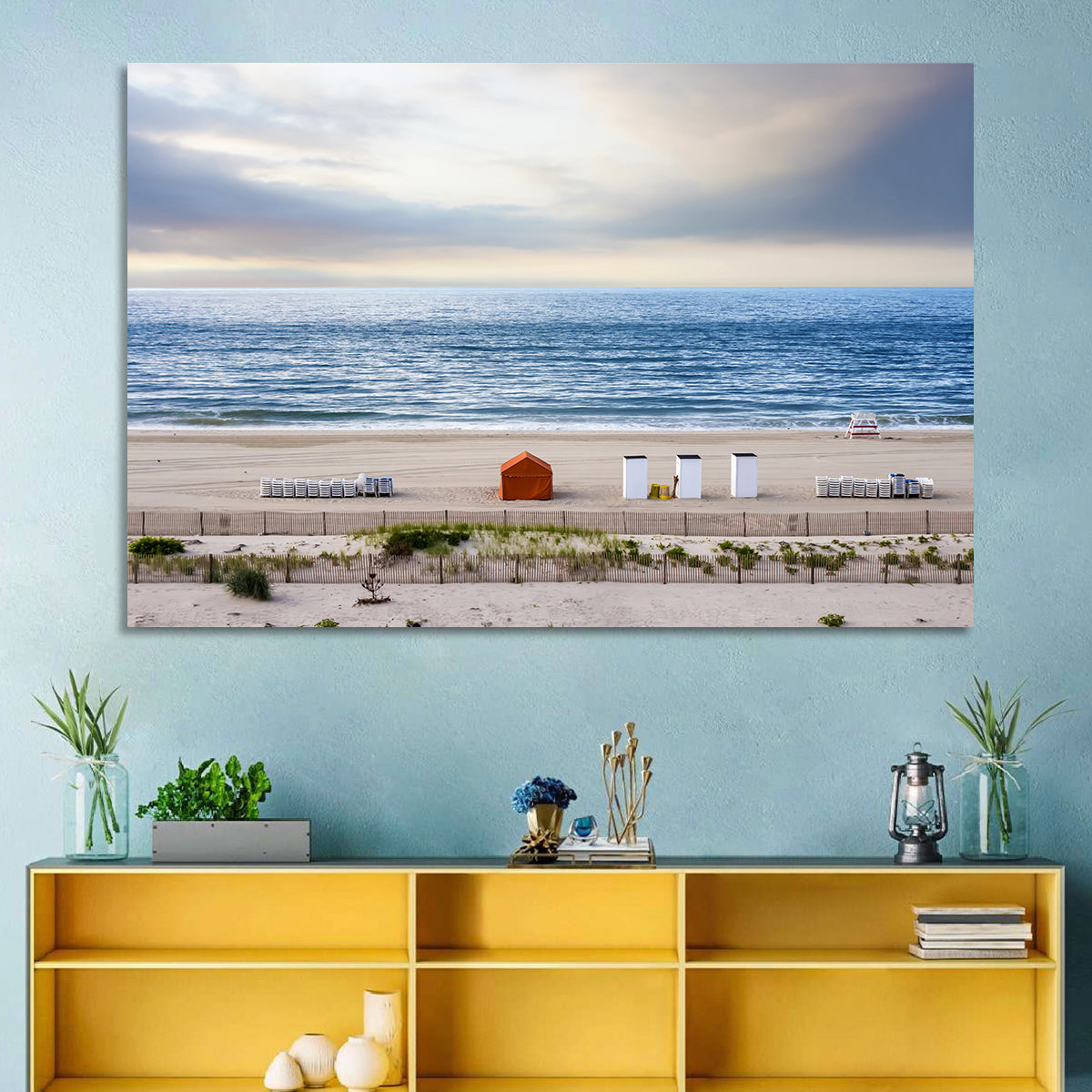 Cape May Beach Huts Wall Art in a room, landscape