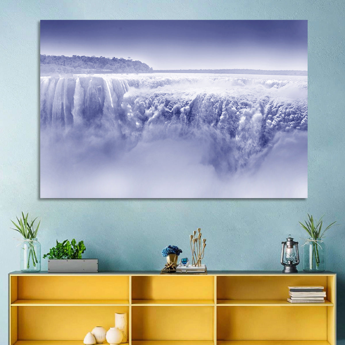 Iguazu Falls Blue Monochrome Wall Art in a room, landscape