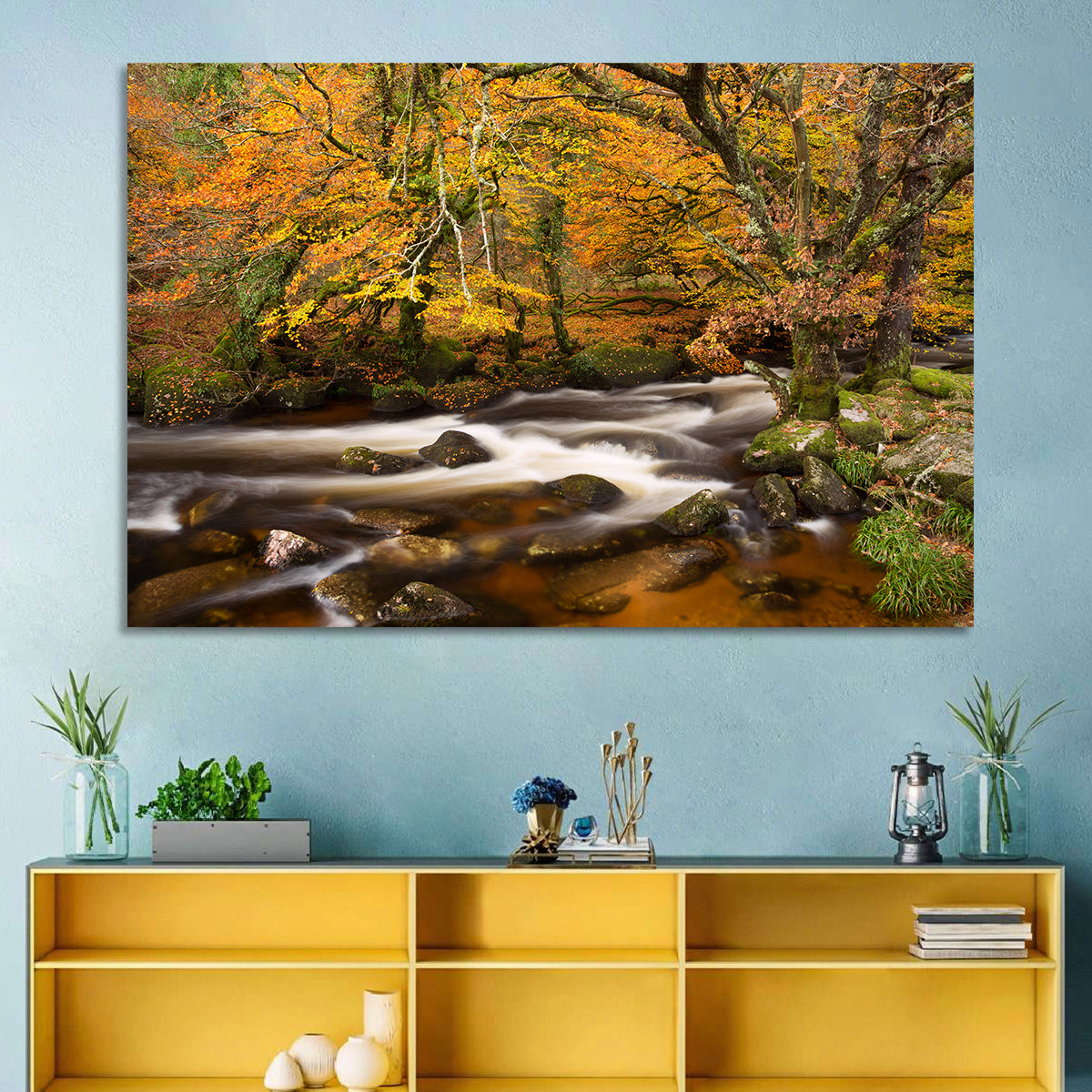 Dartmoor Autumn River in Golden Forest Wall Art in a room, landscape