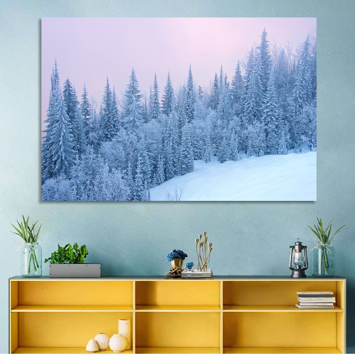 Snowy Winter Forest Wall Art in a room, landscape