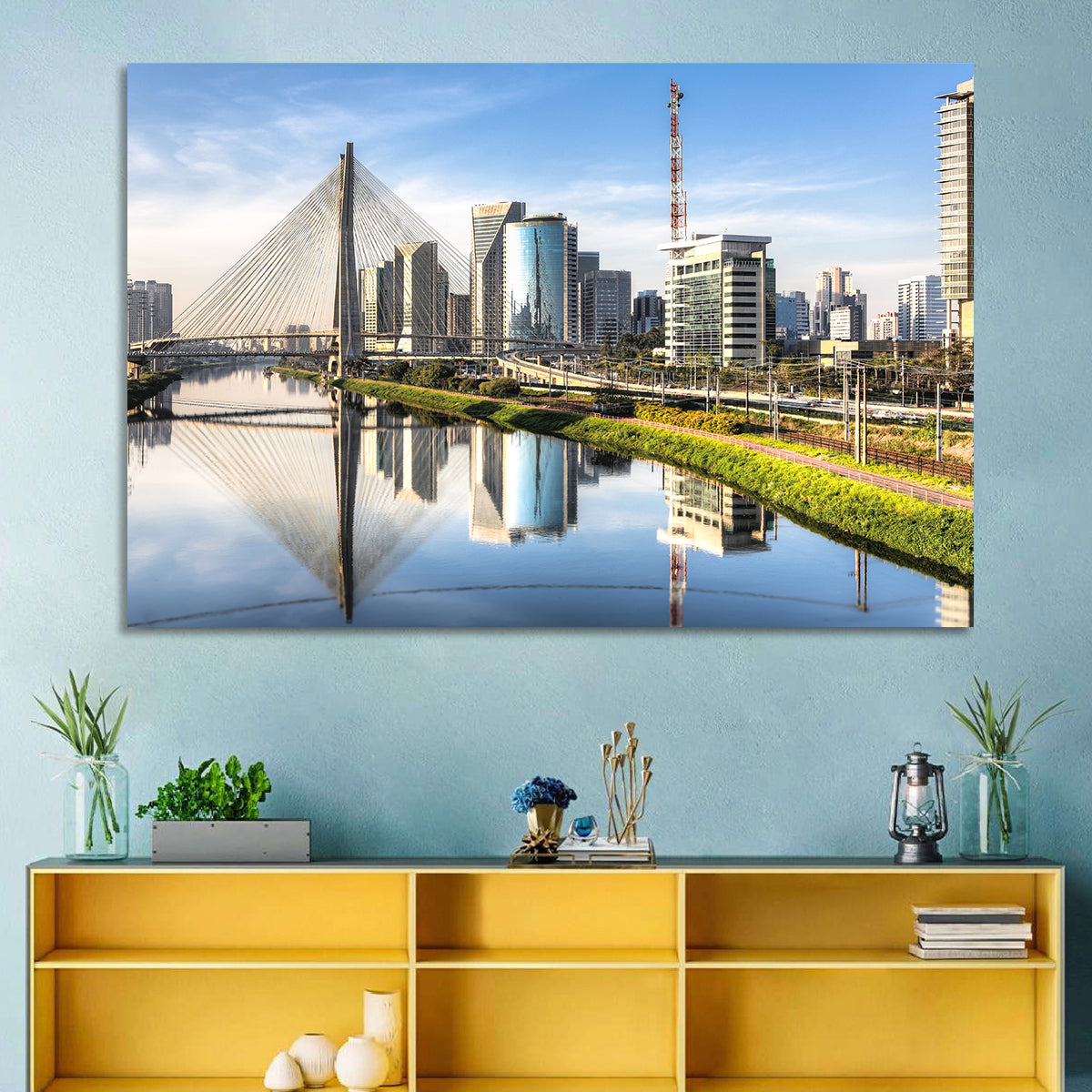 Estaiada Bridge Reflections Wall Art in a room, landscape