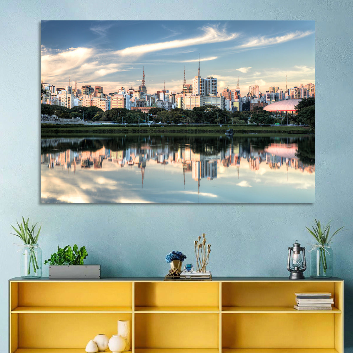 Ibirapuera Park Golden Hour Reflection Wall Art in a room, landscape