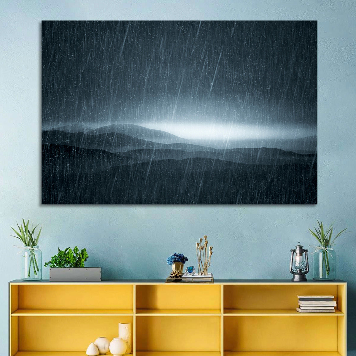 Rain Storm Over Mountains Wall Art in a room, landscape