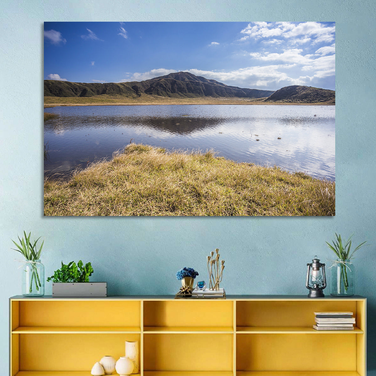 Mount Aso Lake Reflection Wall Art in a room, landscape