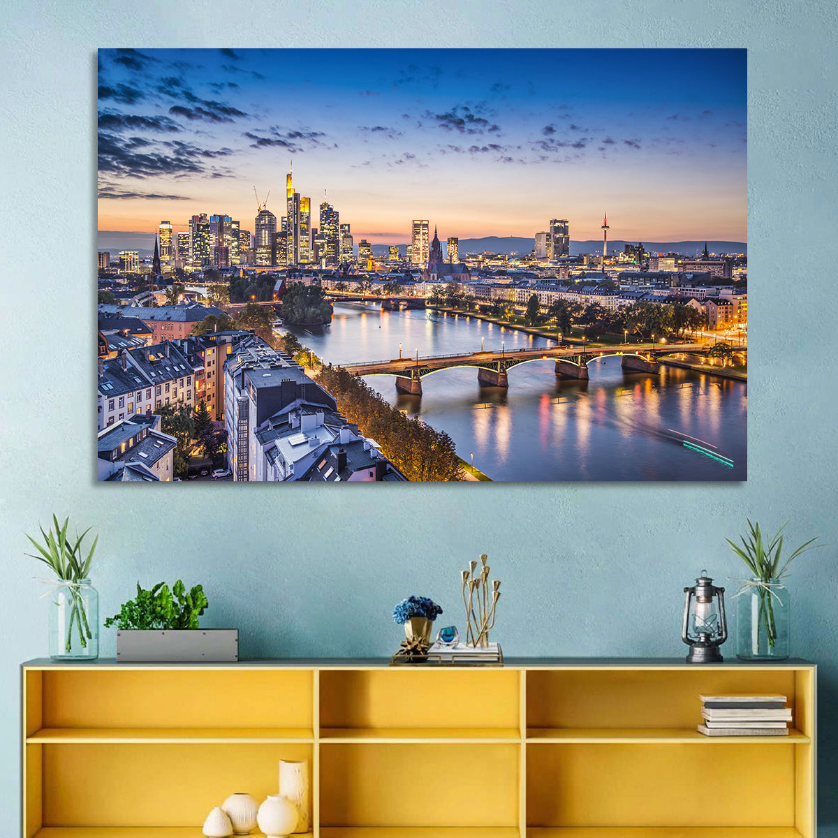 Frankfurt Twilight Skyline Wall Art in a room, landscape