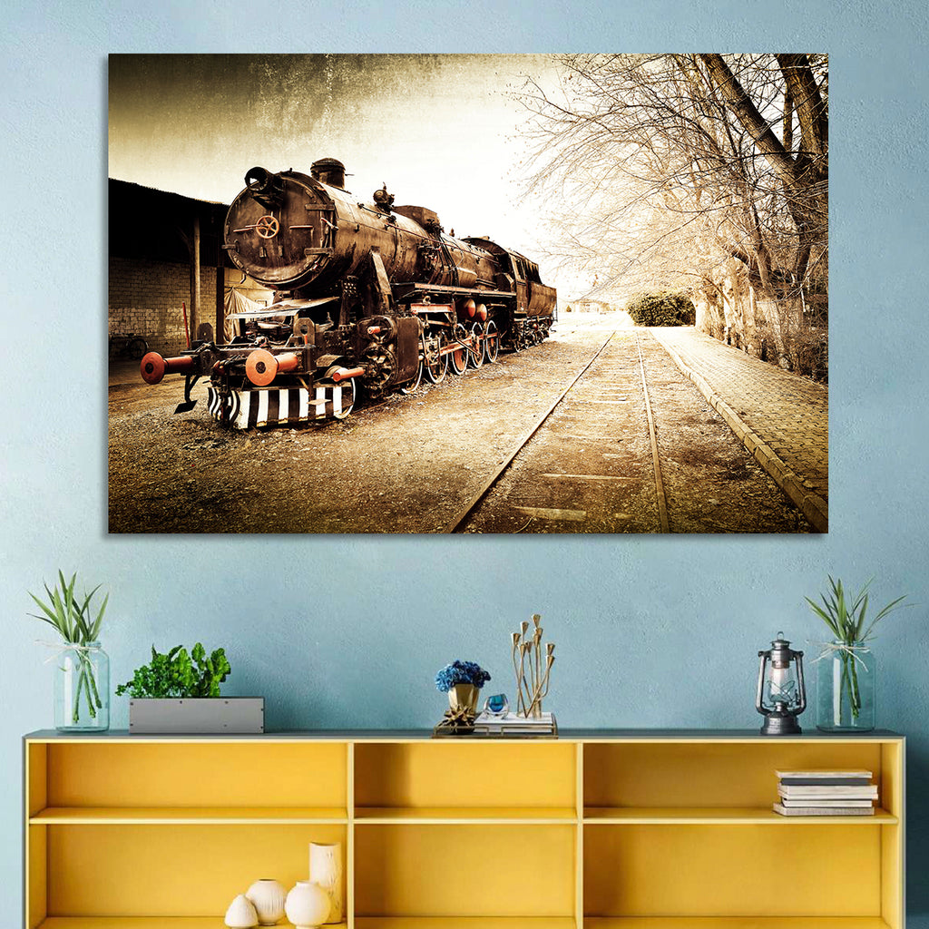 Sepia Steam Locomotive on Rusted Tracks Wall Art