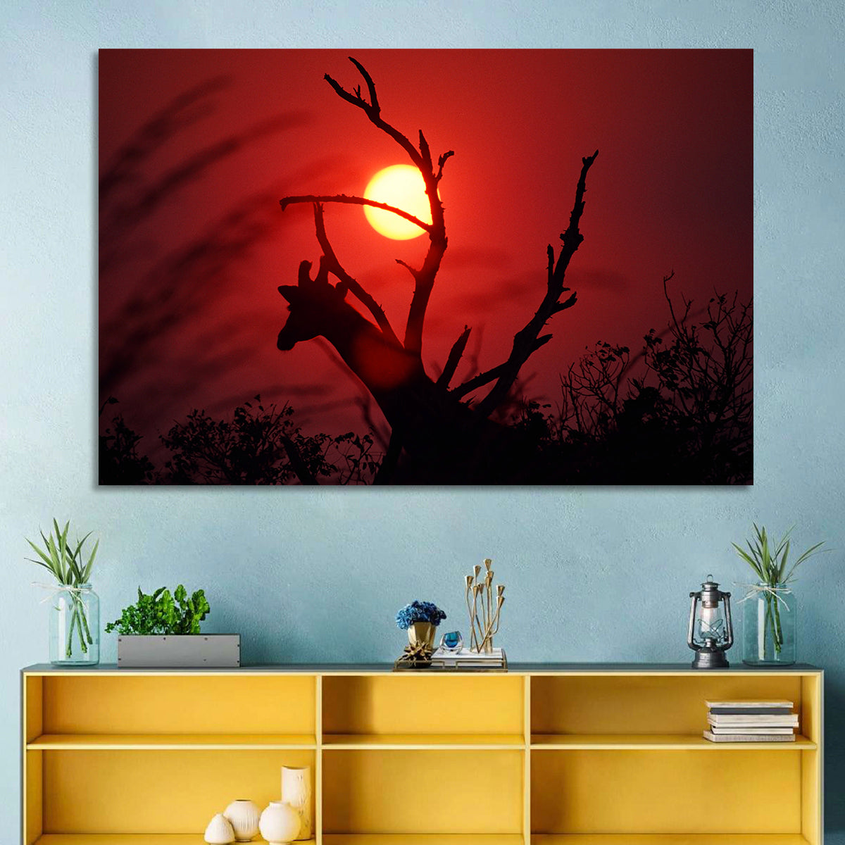 Giraffe Silhouette at Sunset Wall Art in a room, landscape
