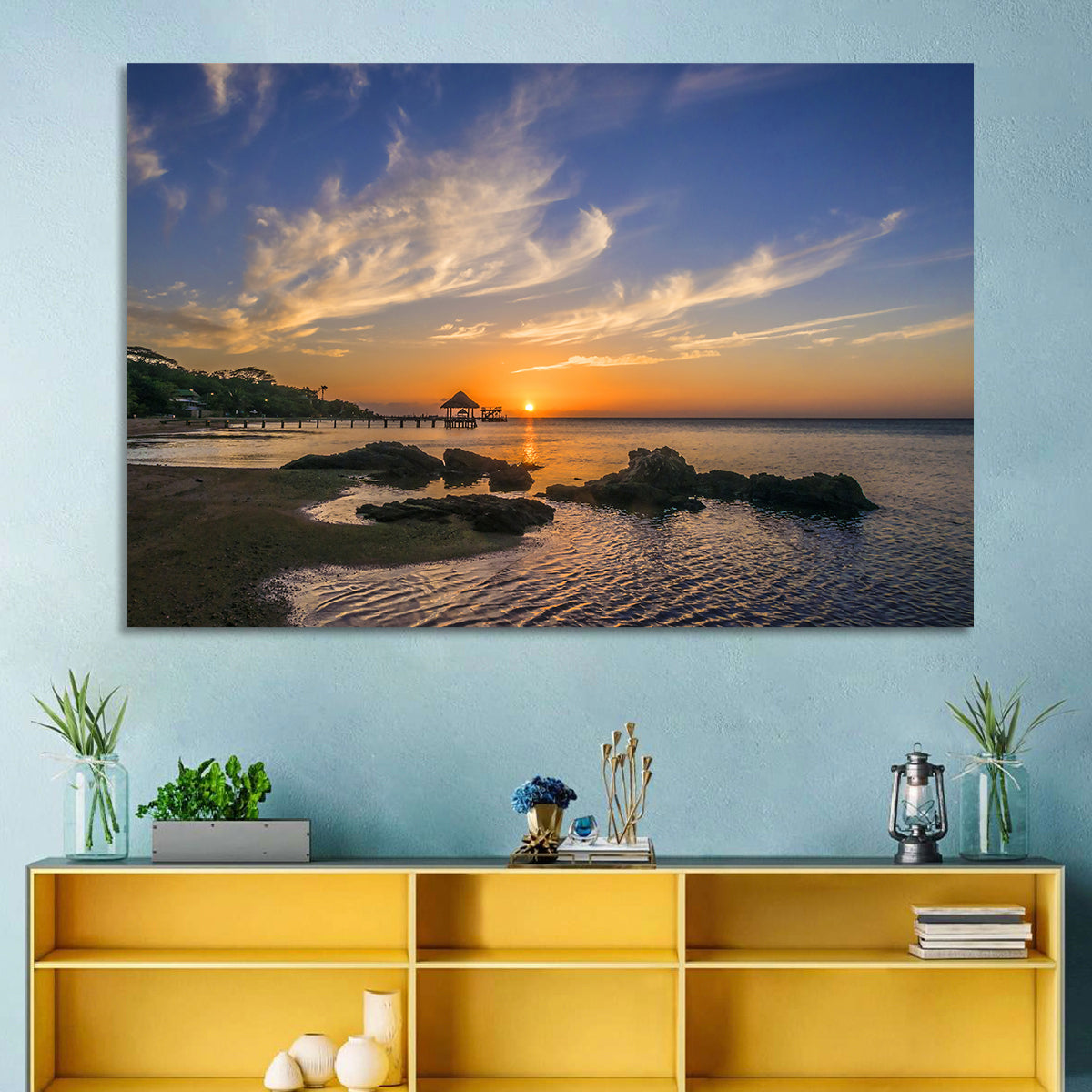 Roatan Pier Sunset Wall Art in a room, landscape