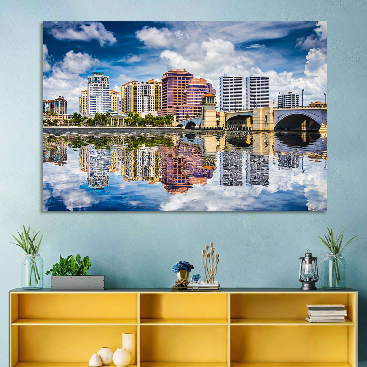 West Palm Beach Skyline Reflection Wall Art in a room, landscape