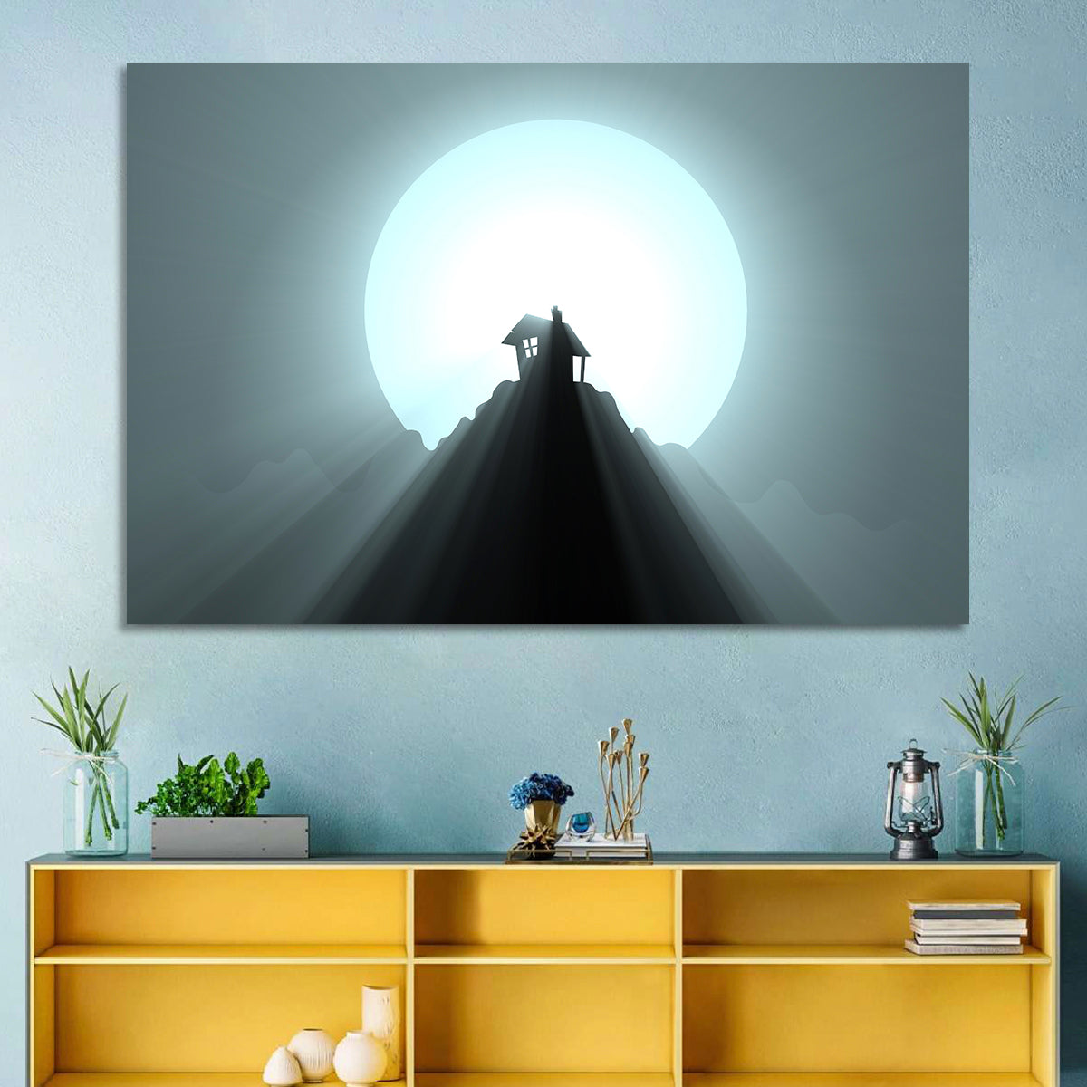 Moonlit Mountain Hut Wall Art in a room, landscape