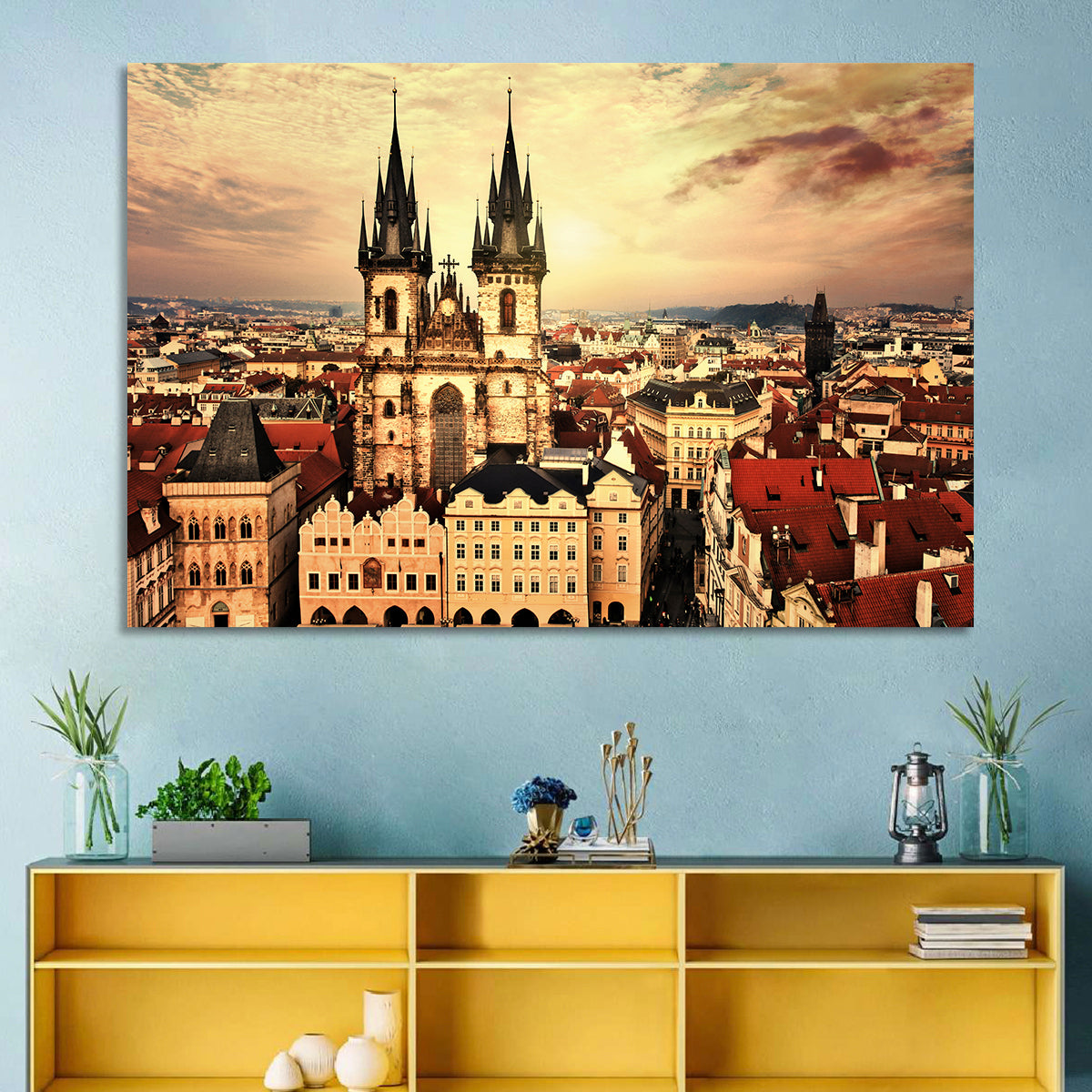 Prague Old Town Skyline at Golden Hour Wall Art in a room, landscape