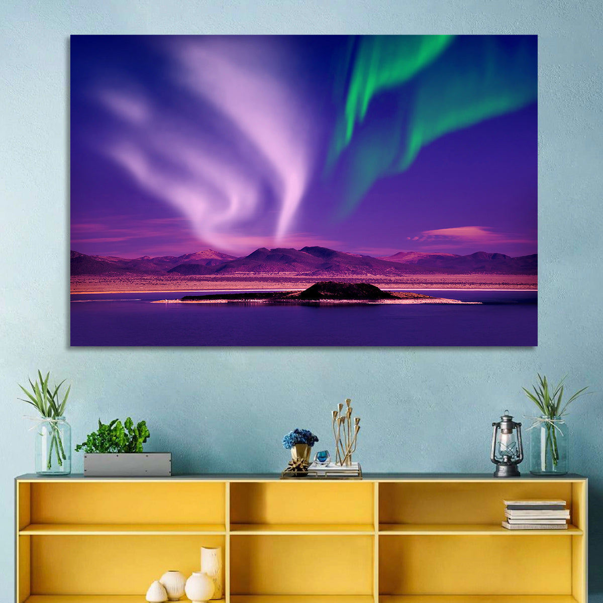 Violet Aurora Over Island Lake Wall Art in a room, landscape