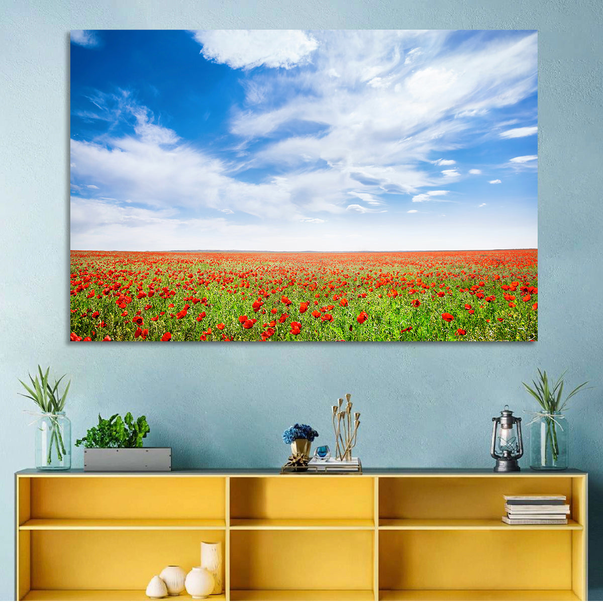 Red Poppy Field Wall Art in a room, landscape