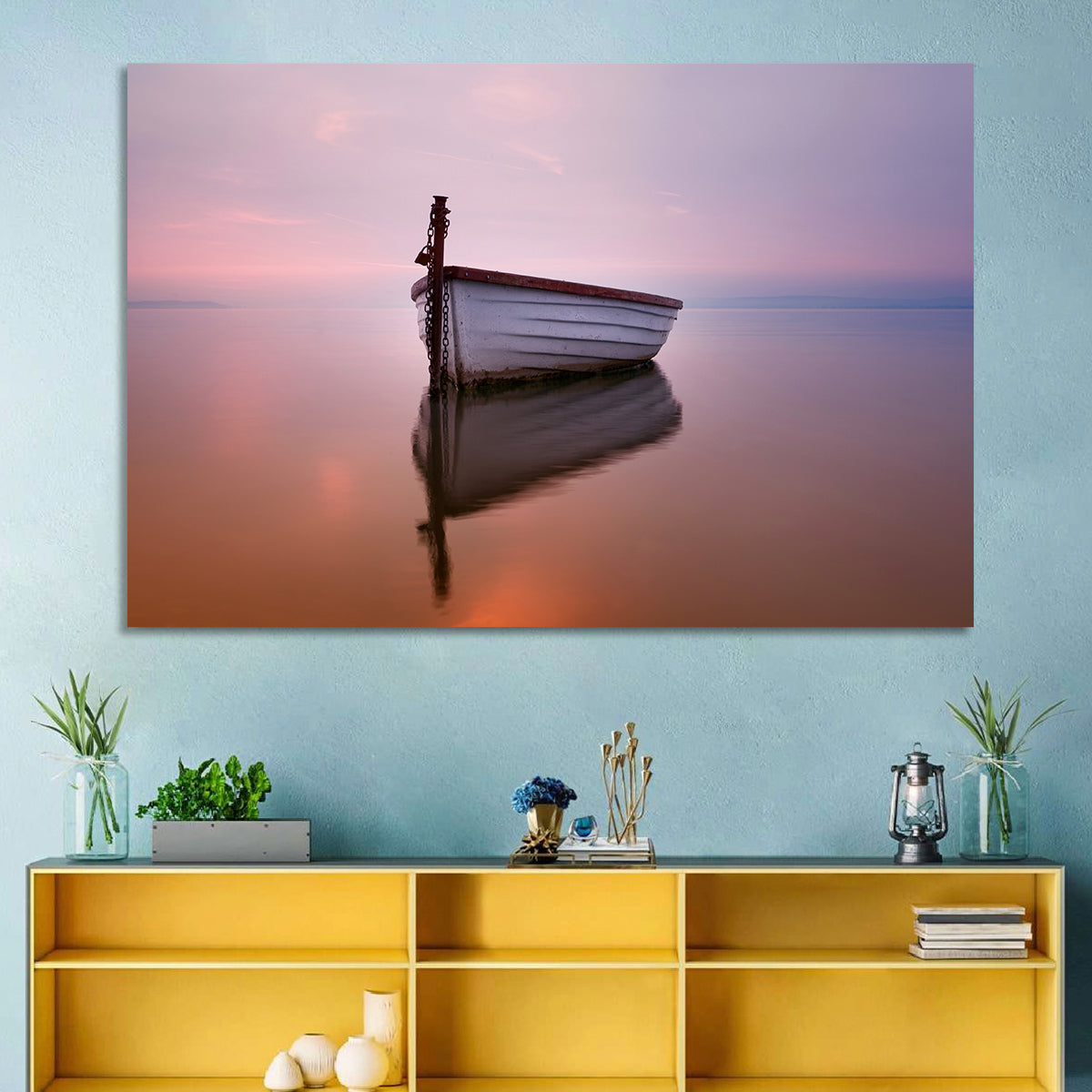 Pastel Boat Reflection Wall Art in a room, landscape