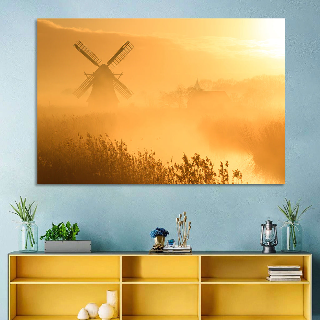 Golden Dutch Windmill Sunrise Wall Art